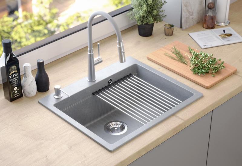 Quadri Durham gray granite built-in sink 595x500 with soap dispenser, cutting board, insert sink and roll mat 1208967378
