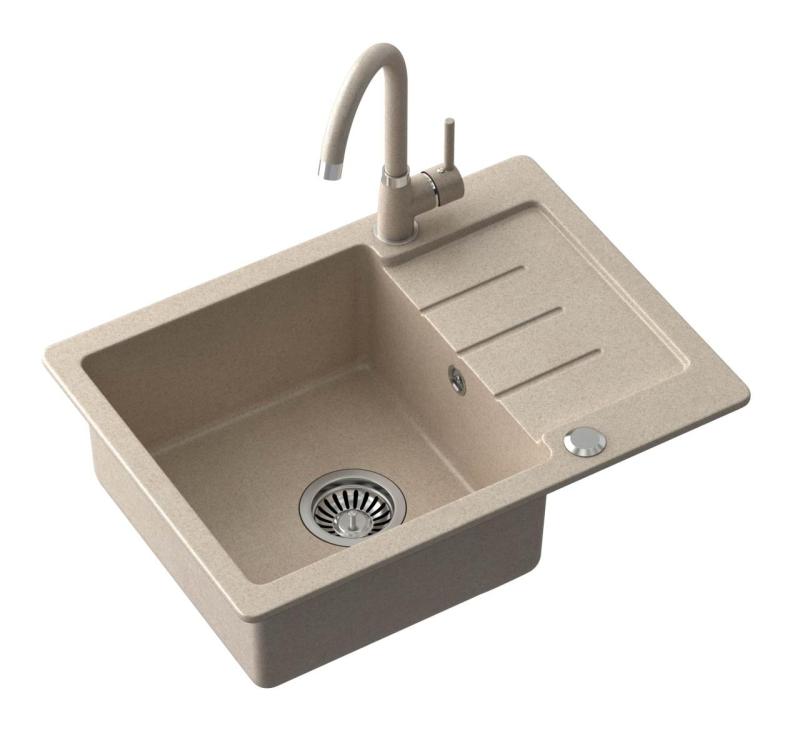 Quadri Kendal beige sand granite inset sink with drainer 60x44cm reversible 1208967402