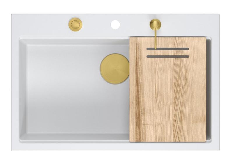 Quadri Hard Rock wit granite inset large sink 76x50cm including golden plug and accessories 1208967424