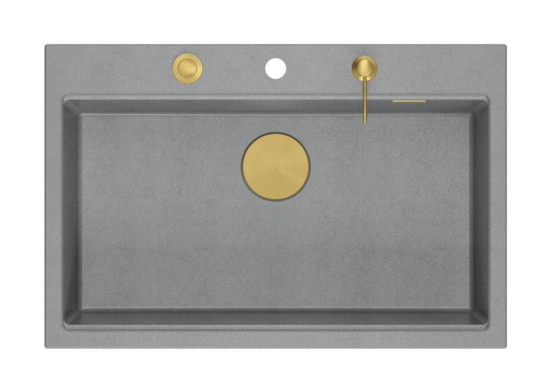 Quadri Hard Rock grey granite inset large sink 76x50cm including gold plug and accessories 1208967432
