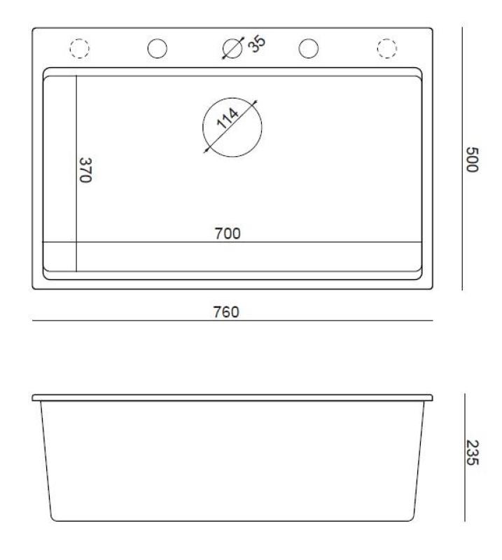 Quadri Hard Rock grey granite inset large sink 76x50cm copper plug and accessories 1208967435