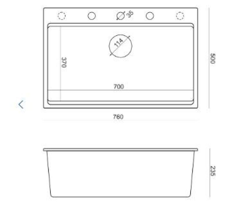 Quadri Hard Rock taupe granite inset large sink 76x50cm including copper plug and accessories 1208967439
