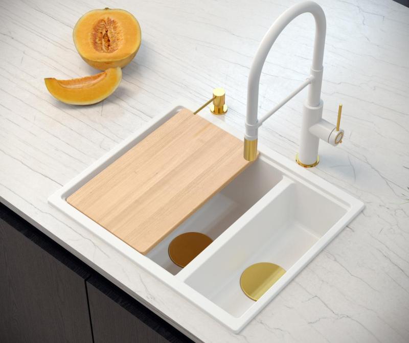 Quadri Newport II granite white inset and undermount sink 1,5-bowl 555x460mm  with golden manual siphon 1208967462