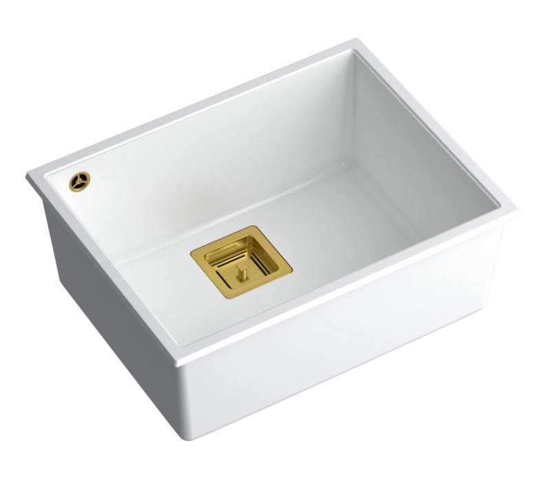 Quadri Quadrangle white undermount granite sink 55x42cm with golden plug 1208967477