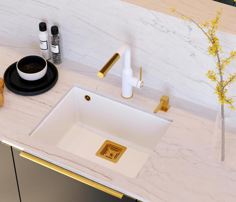 Quadri Quadrangle white undermount granite sink 55x42cm with copper plug 1208967478