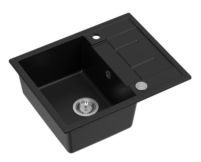 Quadri Dalton black granite Inset Kitchen Sink with draining board reversible 62x50cm with stainless steel plug 1208967567