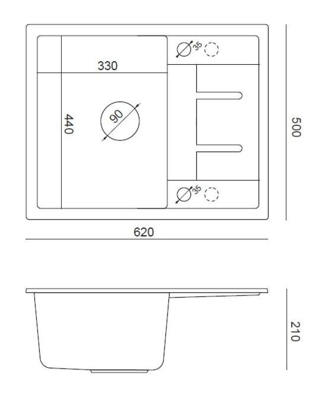 Quadri Dalton white granite Inset Kitchen Sink with draining board reversible 62x50cm with copper plug 1208967575