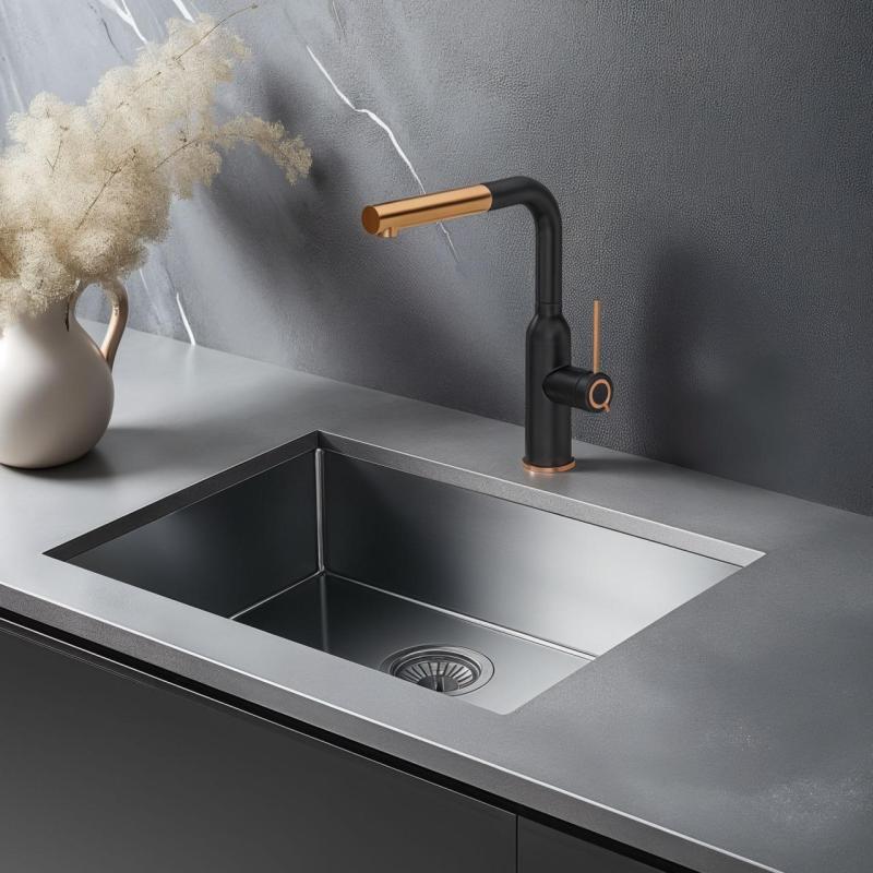 Quadri Stamford Kitchen Mixer Tap Black with PVD Copper Finish and Pull-Out Spout 1208967689