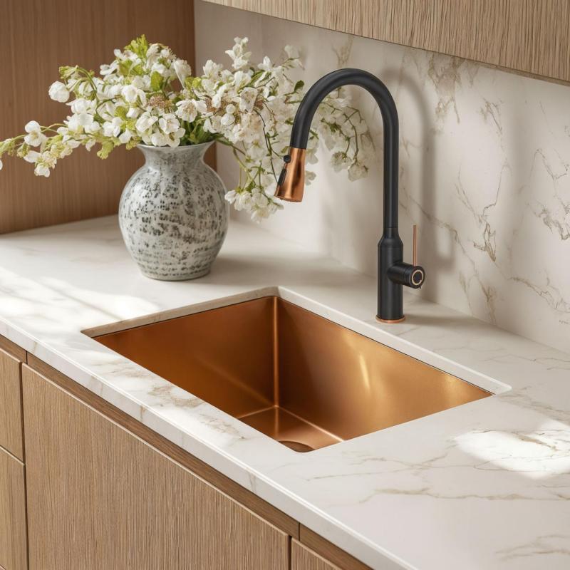 Quadri Stamford Kitchen Mixer Tap Black with PVD Copper Finish with Pull-Out Spout and Spray Mode 1208967695