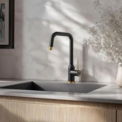 Quadri Stamford Kitchen Mixer Tap Black with PVD Gold Finish with Swivel Angular Spout 1208967703