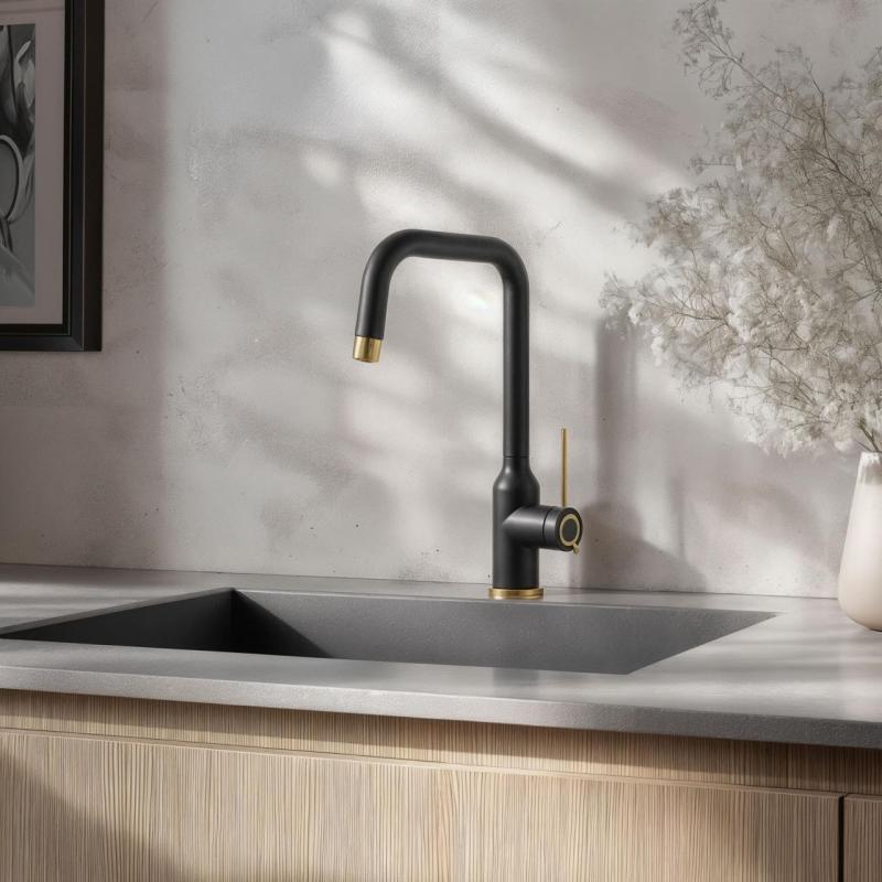 Quadri Stamford Kitchen Mixer Tap Black with PVD Gold Finish with Swivel Angular Spout 1208967703