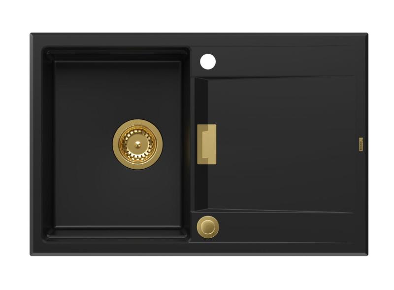 Quadri Minton Granite Top-Mounted Black Sink 76x50cm with Reversible Drainer and Gold Plug 1208967739