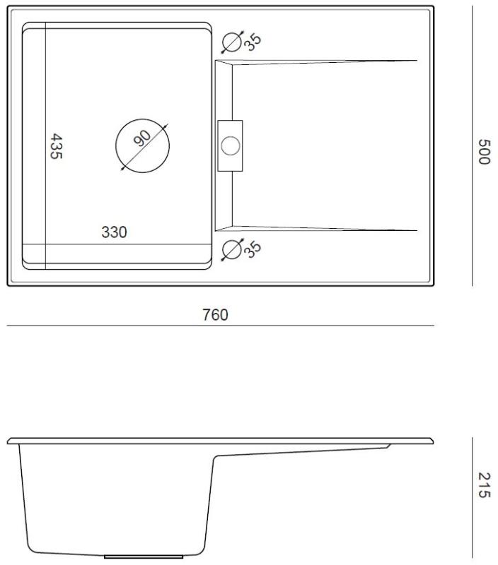 Quadri Minton Granite Top-Mount Black Sink 76x50cm with Reversible Drainer and Copper Plug 1208967740