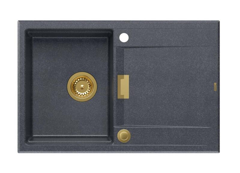 Quadri Minton Granite Surface-Mounted Anthracite Sink 76x50cm with Reversible Drip Tray and Gold Plug - 1208967745