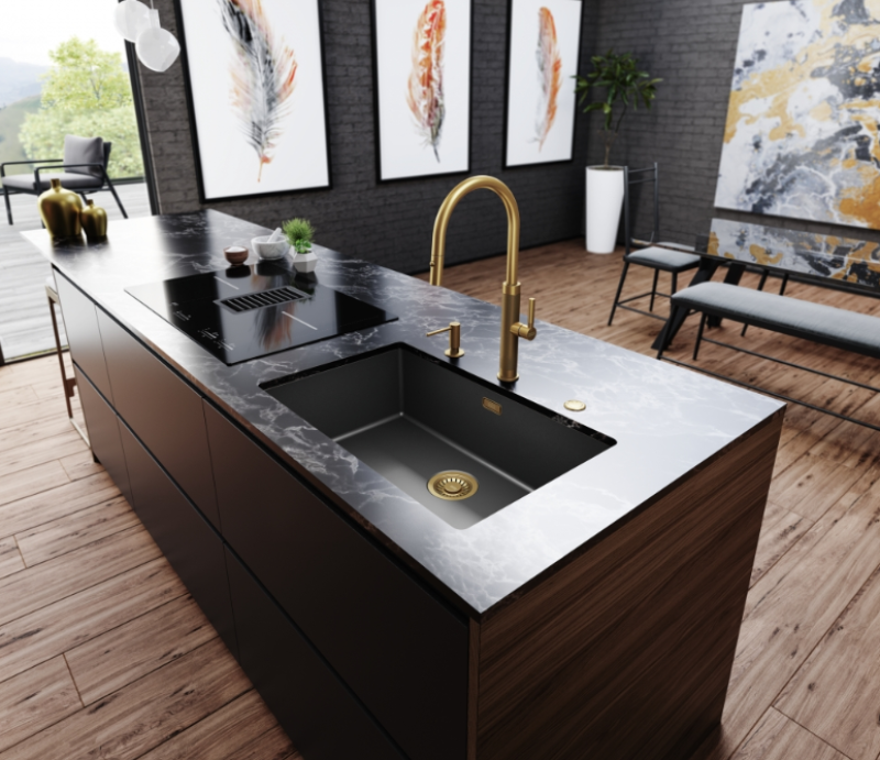 Franke Mythos Masterpiece Kitchen Faucet Gold with J-Spout and Pull-Out Spray - 115.0711.558