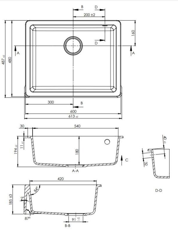 GraniteMy Tradition Country Sink Granite Basin 60x48 cm Black Undermount and Flush Mount with Golden Plug 1208967938