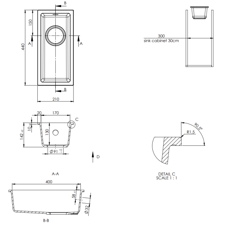 GraniteMy Universal granite beige sand small sink 17x40 cm top mount, undermount and flush mount with gold plug 1208968003
