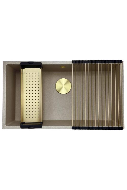 GraniteMy Universal granite beige sand sink 74x40 cm top mount, undermount, and flush mount with gold plug 1208968018