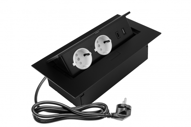 Furniture socket 2x schuko socket, USB A+C, without cable, black
