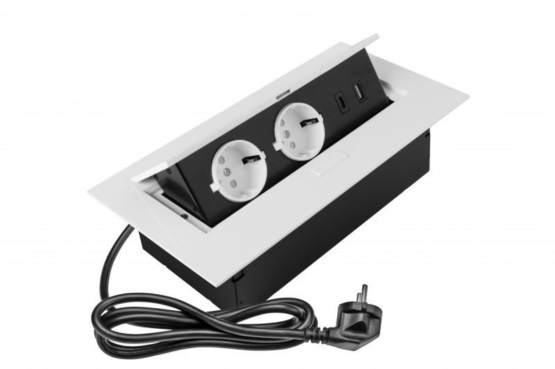 Furniture socket 2x socket with earthing, USB A+C, power cable with plug, white