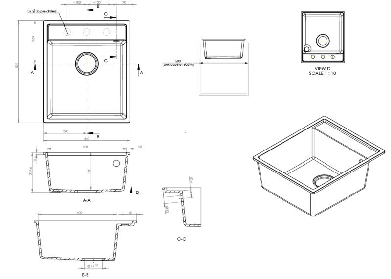 GraniteMy Bremen Granite Sink 44x52 cm Black – Top-Mount, Under-Mount, and Flush-Mount with Tap Hole Bank and Stainless Steel Plug 1208969991