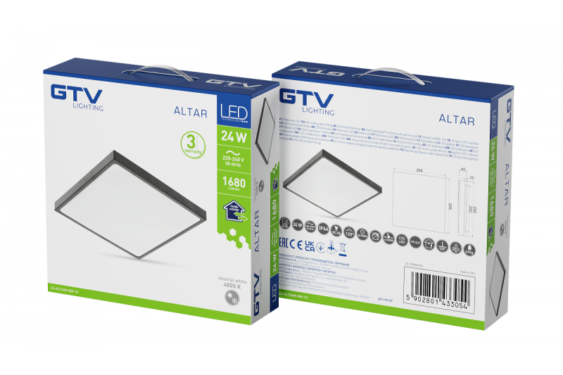 ALTAR LED Ceiling Lamp, 295x295mm, 4000K, 24W, 1680lm, AC180-250V, 50/60 Hz, PF>0.5, IP54, black,3y