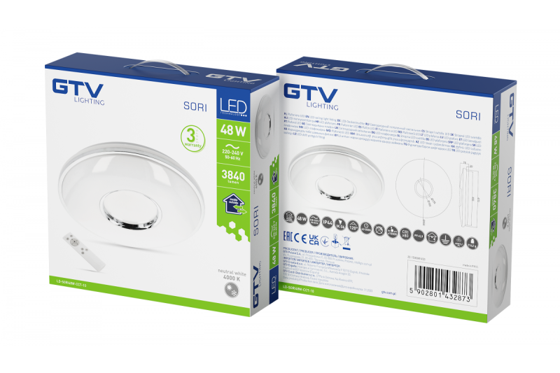 SORI LED ceiling lamp, Ø490mm, CCT, 48W, 3840lm, AC180-250V, 50/60 Hz, PF>0,9, IP54, remote control, white,3y