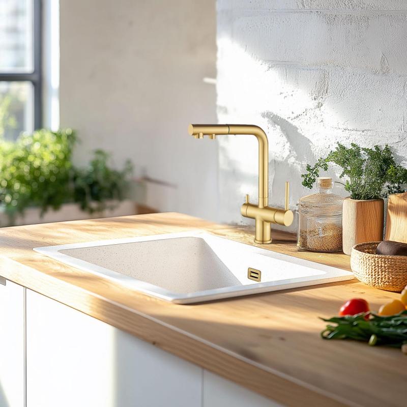 Ausmann Ellington 3-Way Kitchen Faucet with Pull-Out Spout and Filtered Water – Gold – 1208970498