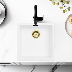 White Sink 40x40 cm Undermount, Countertop and Flush Mount with Gold Drain Plug 1208970537
