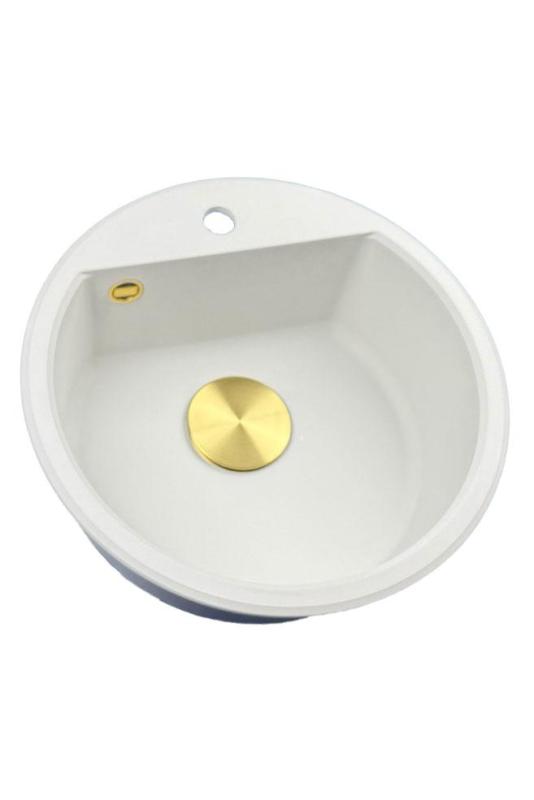 GraniteMy Bremen round granite sink 43 cm white surface and undermount with tap hole bench with gold plug 1208971219