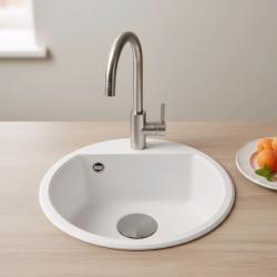 GraniteMy Bremen round granite sink 43 cm white top mount and undermount with faucet hole bench with gun metal plug 1208971220