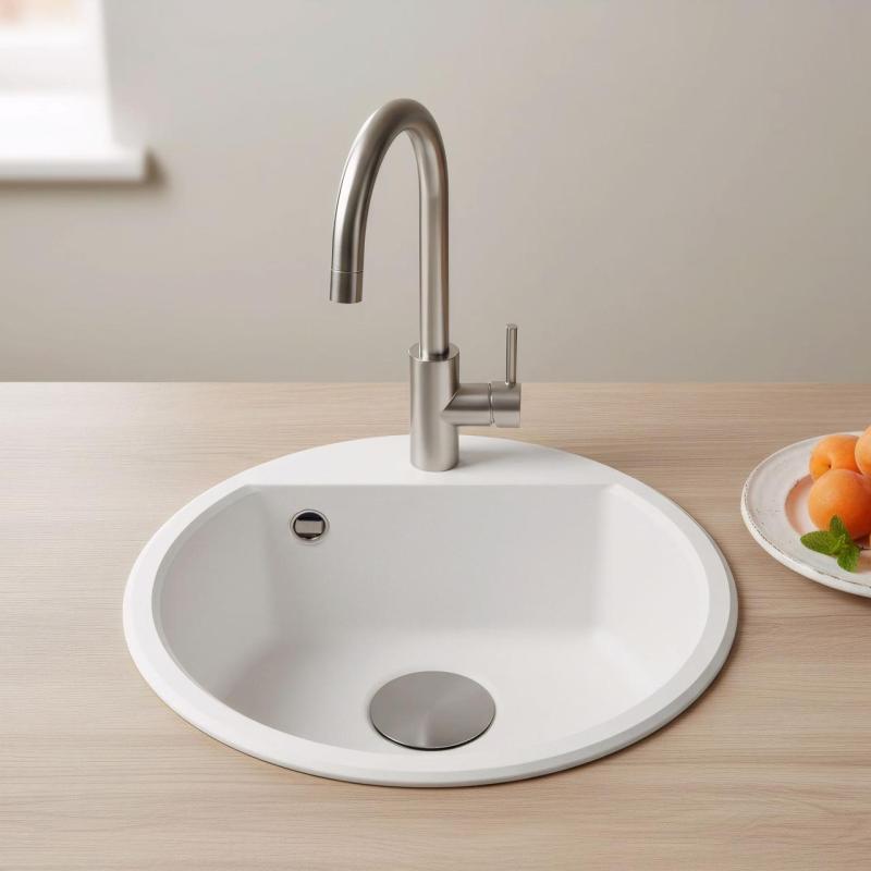 GraniteMy Bremen round granite sink 43 cm white top mount and undermount with faucet hole bench with gun metal plug 1208971220