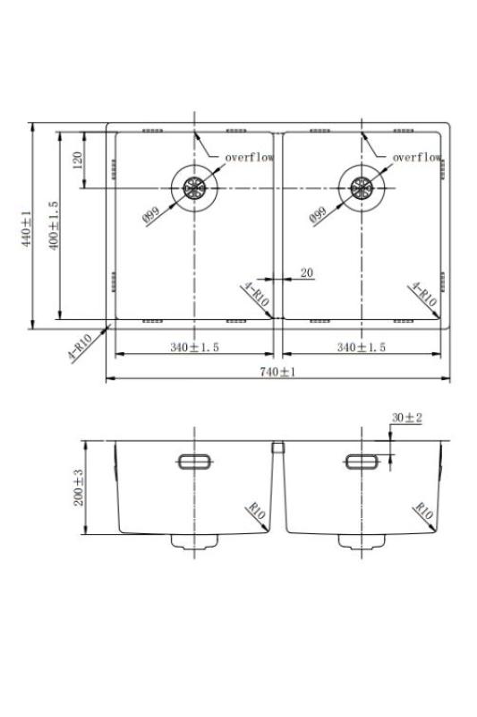 Pure.Sink Prestige Double Copper Sink 70x40cm 10mm radius undermount, flush mount, and top mount PPG343440-62