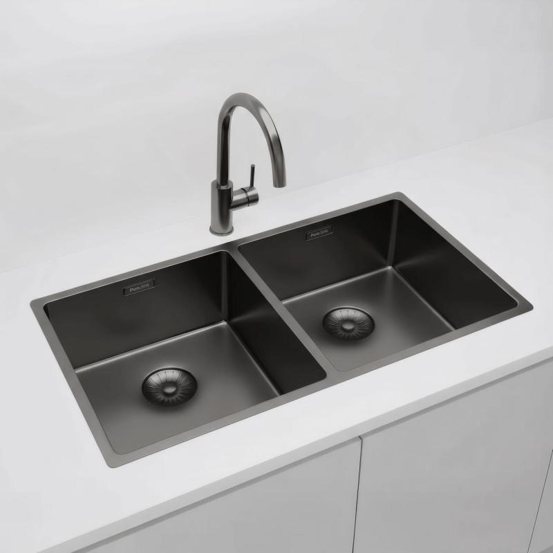 Pure.Sink Prestige Double Gun metal sink 82x40 cm 10mm radius undermount, flush mount and top mount PPG404040-61