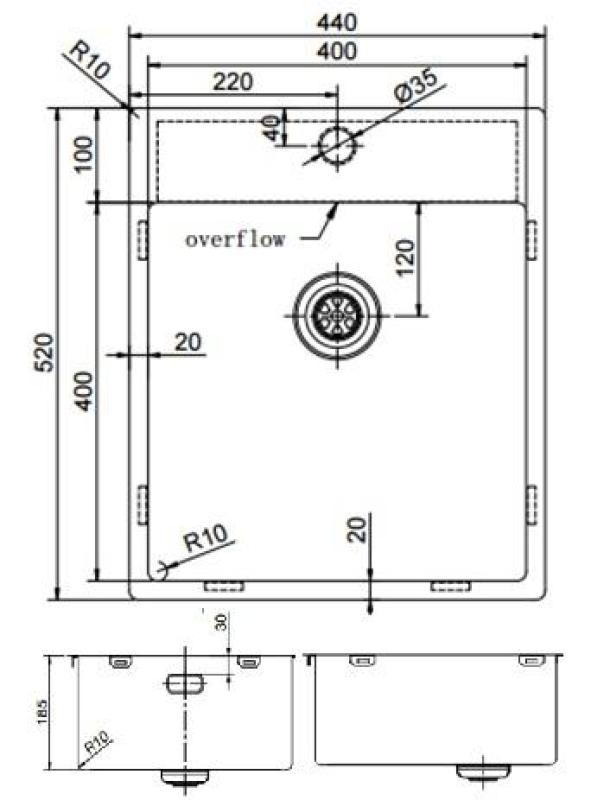 Pure.Sink Exclusivo RVS sink 44x52 cm Tapwing with faucet hole bank 10mm radius PEX4040T-02