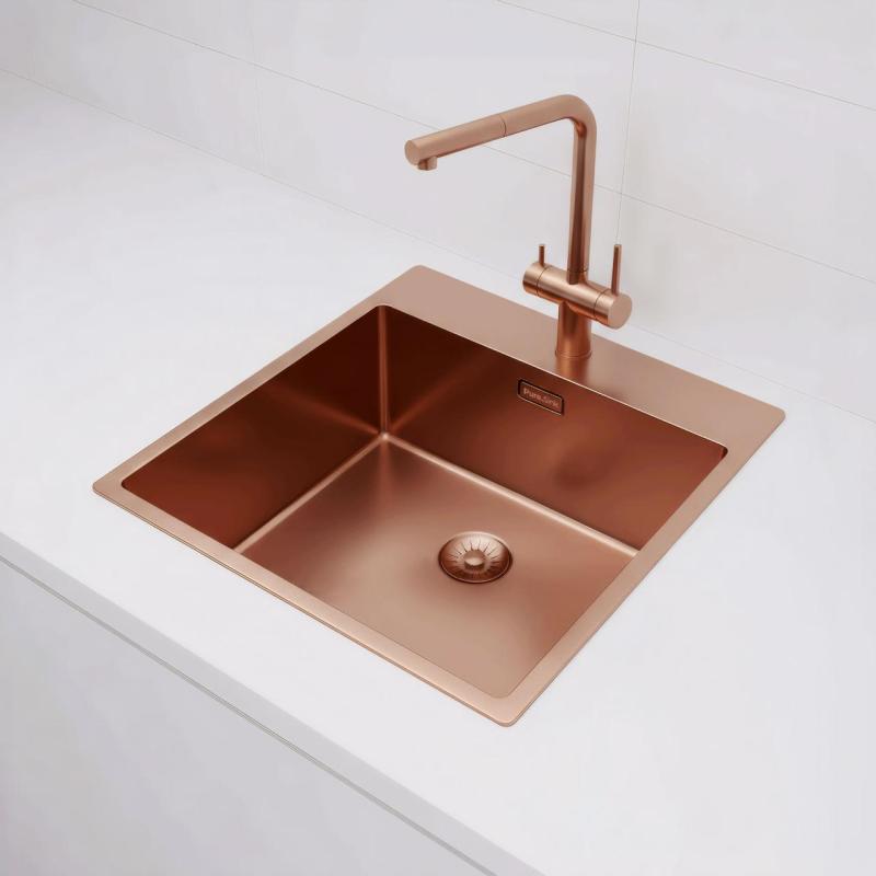 Pure.Sink Exclusivo Copper Sink 49x52 cm Tapwing with faucet hole bench 10mm radius PEX4540T-62