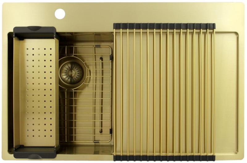 Pure.Sink Exclusivo Small gold sink with drainer 78x52 cm Left-hand tap wing PEX3478LT-60