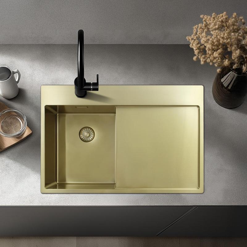 Pure.Sink Exclusivo Small gold sink with drainer 78x52 cm Left-hand tap wing PEX3478LT-60
