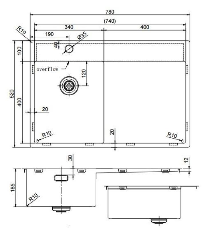 Pure.Sink Exclusivo Small gold sink with drainer 78x52 cm Left-hand tap wing PEX3478LT-60