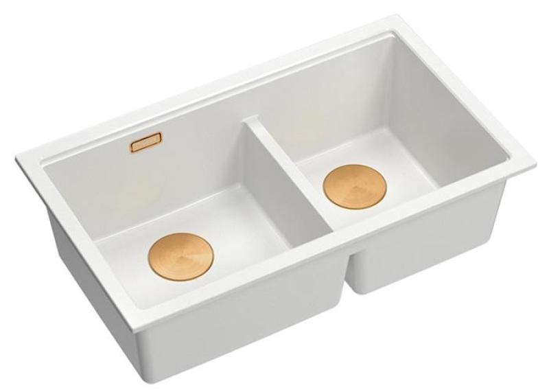 Quadri Newport II Double White Granite Undermount Sink 702 x 390 mm with Copper Plug 1208971373