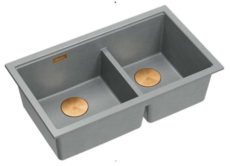 Quadri Newport II Double Grey Granite Undermount Sink 702 x 390 mm with Copper Plug 1208971375