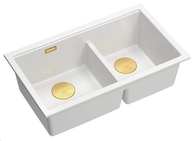 Quadri Newport II Double White Granite Undermount Sink 702 x 390 mm with Gold Plug 1208971378
