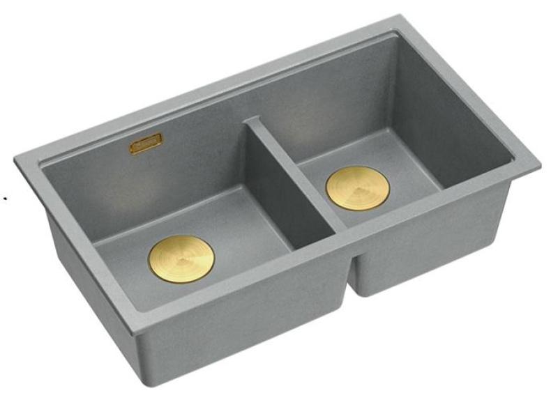 Quadri Newport II Double Gray Granite Undermount Sink 702 x 390 mm with Gold Plug 1208971380