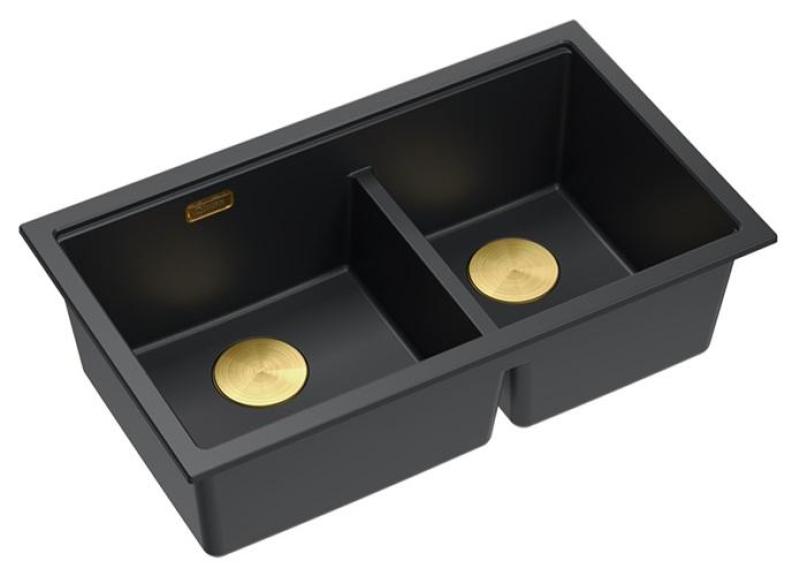 Quadri Newport II Double Black Granite Undermount Sink 702 x 390 mm with Gold plug 1208971381