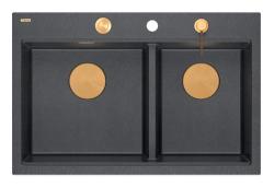 Quadri Hard Rock Double Anthracite Granite Built-in Sink 76x50 cm with Copper Plug and Accessories 1208971388