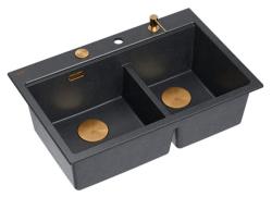 Quadri Hard Rock Double Anthracite Granite Built-in Sink 76x50 cm with Copper Plug and Accessories 1208971388