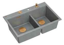 Quadri Hard Rock Double Gray Granite Build-up Sink 76x50 cm with Copper plug and accessories 1208971389