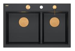 Quadri Hard Rock Double Black Granite Built-in Sink 76x50 cm with Copper Plug and Accessories 1208971390