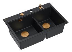 Quadri Hard Rock Double Black Granite Built-in Sink 76x50 cm with Copper Plug and Accessories 1208971390