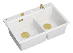 Quadri Hard Rock Double White Granite Built-in Sink 76x50 cm with Gold Plug and Accessories 1208971392